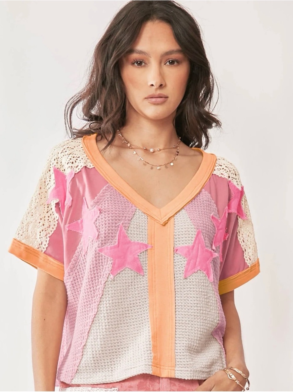 Davi&Dani Women's Pink Star Knit V-Neck Top